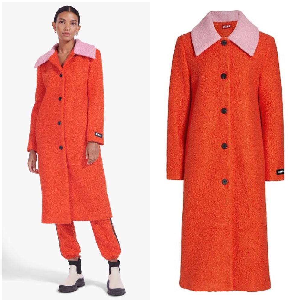 STAUD Frankie Faux Fur Teddy Boucle Long Coat Poppy Pink Size Small